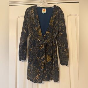 Farm Rio Navy and Gold Wrap Dress
